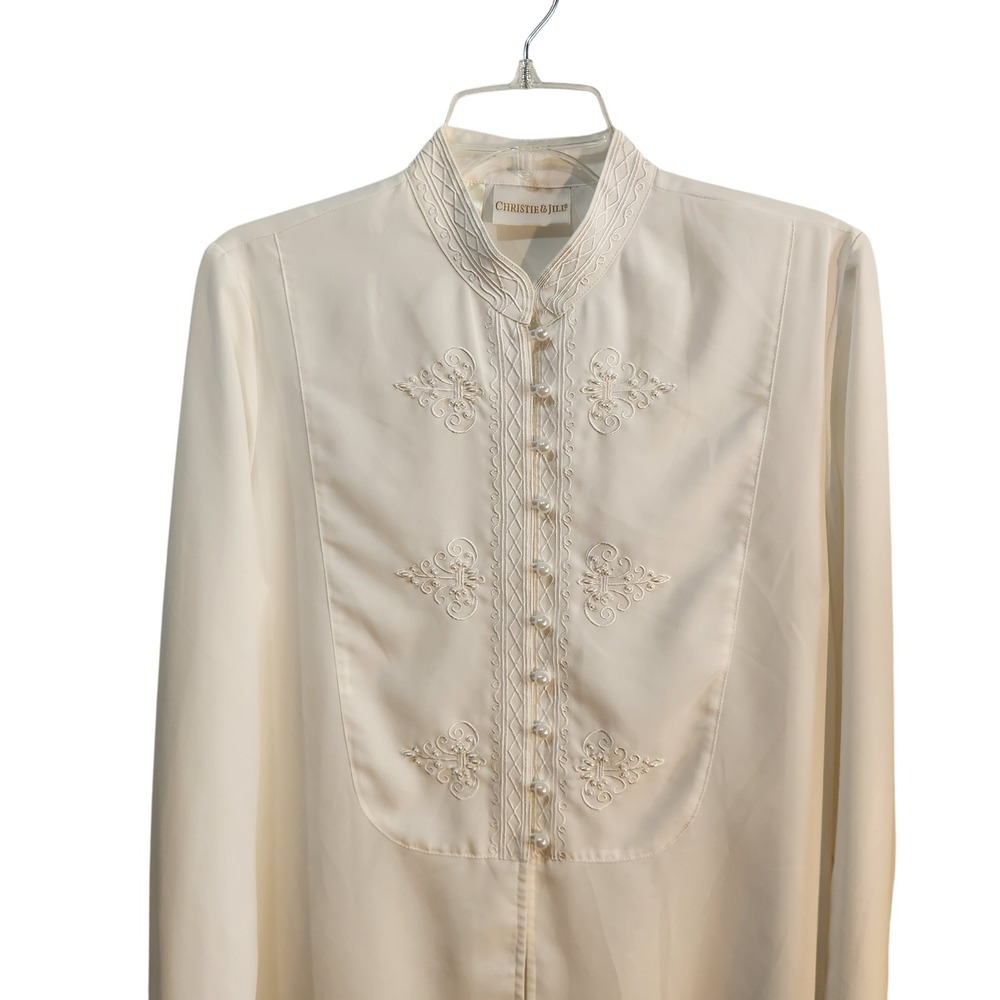 Christie & Jill Cream Embroidered Mandarin Collar Pearl Button Blouse M Vintage